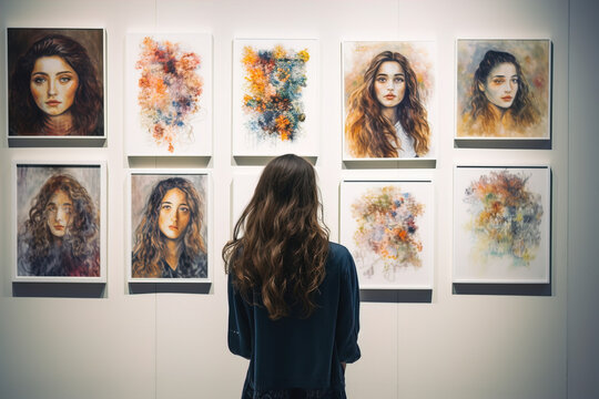 Woman looking at a portraits gallery.