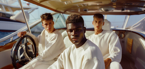 Male models dressed in white sweatshirts, with an attitude, in a luxury private yacht.