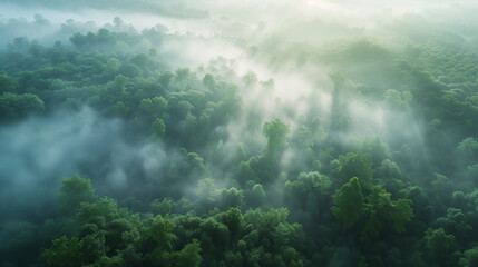 The misty landscape of a dense forest enveloped in fog - obrazy, fototapety, plakaty