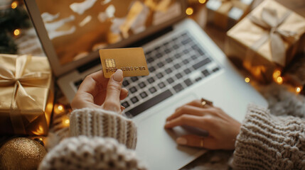 Naklejka na ściany i meble holiday spirit by shopping online with a golden credit card, surrounded by golden-wrapped gifts, symbolizing the warmth and luxury of shopping online