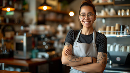 Fototapeta premium Smiling barista standing with arms crossed in a coffee shop