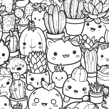 kawaii plants doodle coloring page