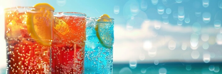 creative photo for stock photo. summer soft drinks in the heat with space for text banner on sea sky background 