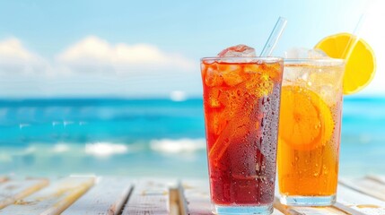 creative photo for stock photo. summer soft drinks in the heat with space for text banner on sea sky background 
