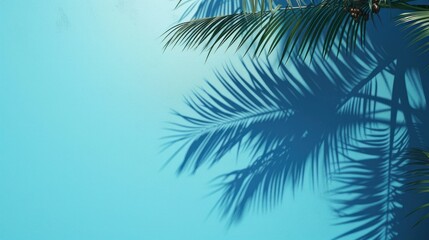 Fototapeta na wymiar Summer concept. Palm tree shadow on a blue background. --ar 16:9 Job ID: 8177a253-1b1e-45d5-b7d2-dae92cee558b