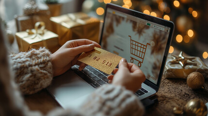 Golden moments of shopping online, with a credit card and festive gifts, highlighting the seamless blend of tradition and modernity in shopping online