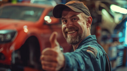 Obraz premium portrait of automobile mechanic giving thumbs up in his garage after fixing a vehicle