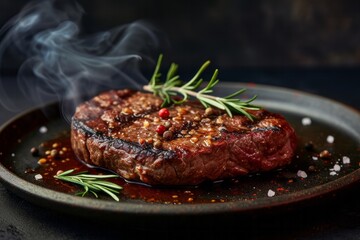 Juicy grilled steak with rosemary and smoked pepper
