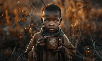 An African-American child holds a metal mug of water. The concept of water scarcity generated AI
