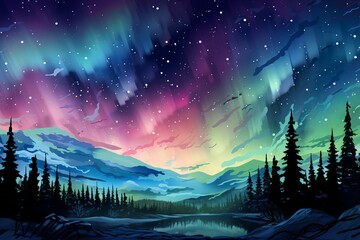 Aurora Night sky with northern lights over winter mountains.
