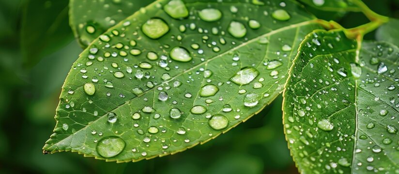 Close up green leaves with water droplets nature foliage background. Generated AI image