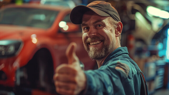 portrait of automobile mechanic giving thumbs up in his garage after fixing a vehicle