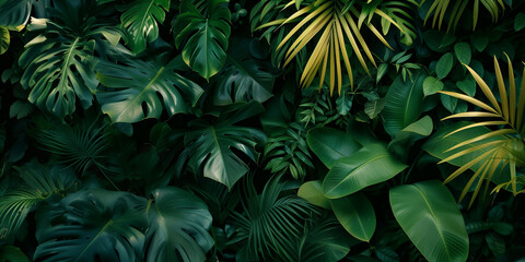 Dark green foliage nature background with tropical leaves. - obrazy, fototapety, plakaty
