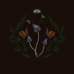 Mushrooms, snails and moths with fern leaves on black background. Goblincore style illustration for prints for clothing, mugs, shopper bags, notebook covers, posters, postcards, framed art, etc