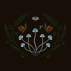 Mushrooms, snails and moths with fern leaves on black background. Goblincore style illustration for prints for clothing, mugs, shopper bags, notebook covers, posters, postcards, framed art, etc