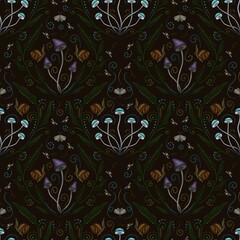 Seamless pattern of mushrooms, snails and moths with fern leaves on black background. Goblincore style illustration for wallpapers, wrapping paper, fabric, textile, book and notebook covers, flyleaves