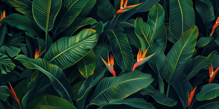 Bird of Paradise or strelitzia reginae blooming on green leaves background.