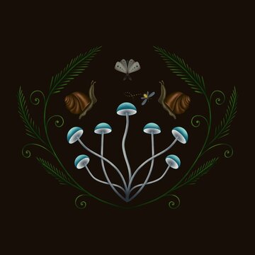 Mushrooms, snails and moths with fern leaves on black background. Goblincore style illustration for prints for clothing, mugs, shopper bags, notebook covers, posters, postcards, framed art, etc