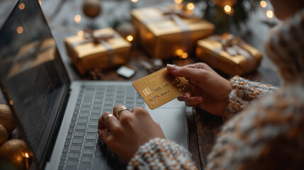 Naklejka na ściany i meble holidays by shopping online, credit card in hand, surrounded by gifts; enjoy the ease of shopping online for everything you need