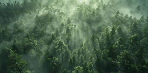 Misty landscape of a dense forest enveloped in fog