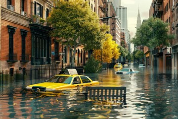 Flooding on the streets of a big city is generated AI - obrazy, fototapety, plakaty
