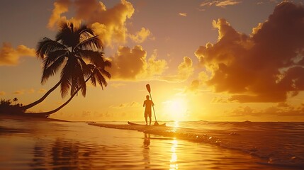 Sunset paddleboarding session with palm trees silhouetted against the sky, with copy space