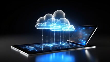 hologram Cloud with Tablet on technology background, Cloud Computing Concept,