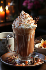 Obraz na płótnie Canvas Delicious hot chocolate with whipped cream and cinnamon in a glass mug.