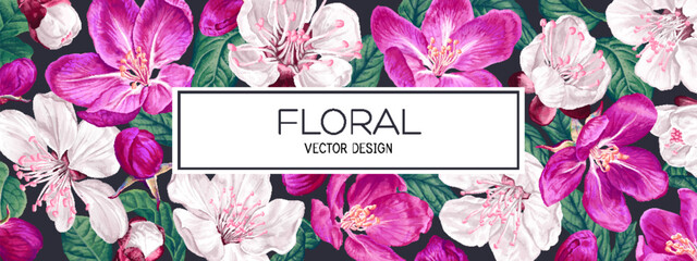 Spring floral vector background design for sale banner, poster with flowers of fruit trees. Realistic style, hand drawn, vector. Can be used as an advertising banner cover in social networks - obrazy, fototapety, plakaty