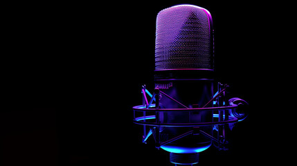 A professional studio microphone under neon blue and purple lights, highlighting its detailed design and technology.