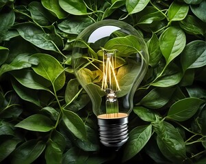 Eco friendly lightbulb from fresh leaves top vie, concept of Renewable Energy and Sustainable Living, created with Generative AI technology