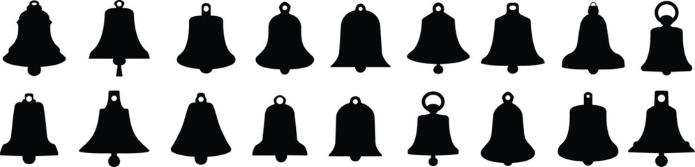 Bell silhouette flat icon set. Incoming inbox message ringing, notification for clock and smartphone, alarm alert black color vector collection isolated on transparent background.