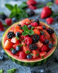Summer Fruit Salad in Watermelon Bowl

