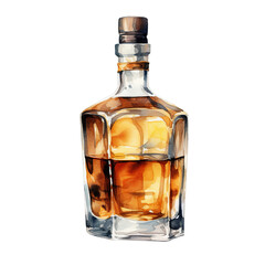 Whiskey decanter bottle watercolor clipart illustration on transparent background