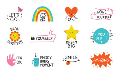 Vector motivational sticker pack. Cute colorful sticker set with positive phrases. Motivation stickers for planner. Collection of colorful illustrations in flat design.