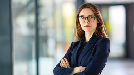 Portrait of a businesswoman with confident and friendly facial expression and her arms crossed in front of blurred office background. Generative AI