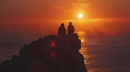 Silhouette of a couple watching the sunset from a rocky cliff, with copy space