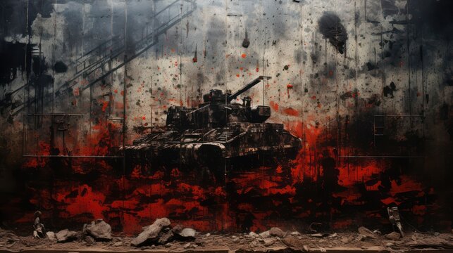 Illustration design of an ancient battle tank, with a red and black background with abstract spotted motifs.