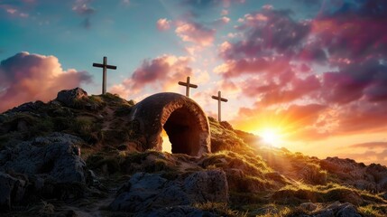 Resurrection Concept - Empty Tomb With Three Crosses On Hill At Sunrise - obrazy, fototapety, plakaty
