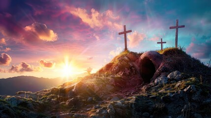 Resurrection Concept - Empty Tomb With Three Crosses On Hill At Sunrise - obrazy, fototapety, plakaty