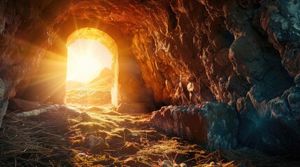 Resurrection of Jesus Christ. Religious Easter background, with strong light rays shining through the entrance into the empty stone tomb. Artistic strong vignette, contrast, dramatic dark-light edit - obrazy, fototapety, plakaty