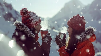 A romantic couple enjoying hot drinks in a snowy mountain setting, with visible breath in cold air.