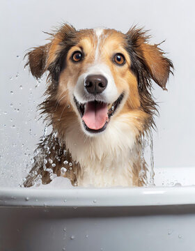 happy dog in bath, studio, drops and water, photography
