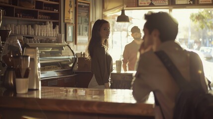 Stalker ex girlfriend spying on a couple in a coffee shop - obrazy, fototapety, plakaty