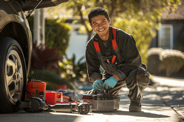 A man wearing mechanic overalls smiles while changing oil under a car on a sunny driveway, tools neatly arranged nearby. - obrazy, fototapety, plakaty