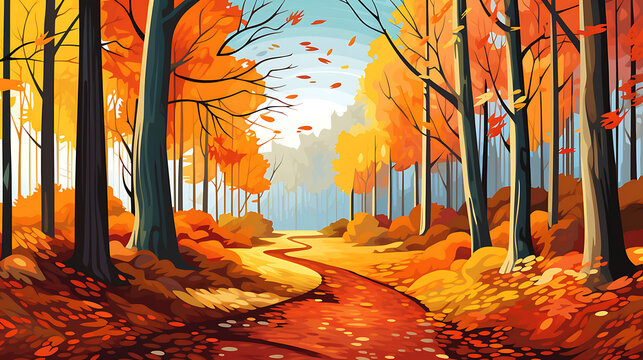 A vector image of a vibrant autumn forest with falling leaves.
