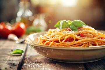 Spaghetti pasta with tomato sauce, mozzarella cheese and fresh basil in plate on wooden background
