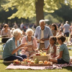 "A multi-generational family picnic unfolds in a sunlit park, laughter echoing as people of all ages share food, stories, and moments of connection."