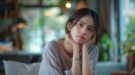 Young attractive asia female business owner thoughtful serious doubtful feel stress worry with financial problem in SME crisis small business challenges impact from covid coronavirus at home - obrazy, fototapety, plakaty