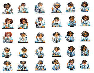 Chemists Diversity Vector set transparent background scientist bipoc researcher man woman vector collection old young Asian African black Spanish mexican